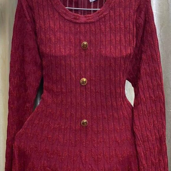 Vintage Red Knit Fit Flare Dress with Gold Buttons - Picture 2 of 3